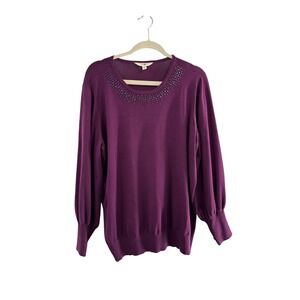 Terra & Sky Purple Womens‎ Sweater Rhinestone Detail On Collar 1X Grandma Beaded